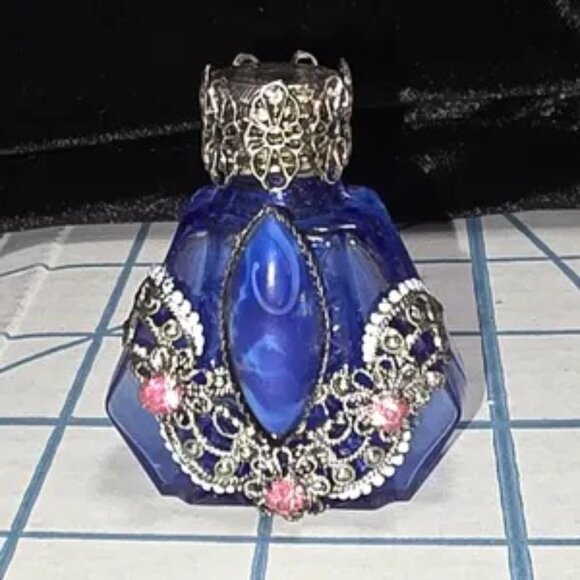 Czech Mini Perfume Glass Bottles w/Filigree Metal, Turquoise Stone Art Deco NWOT - Picture 5 of 5